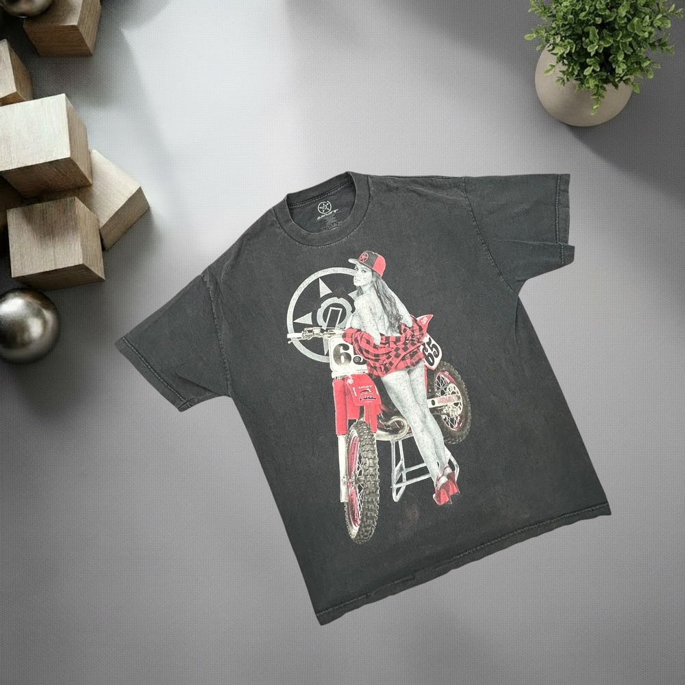 Vintage Unit Motocross Pinup Girl Graphic T-Shirt XL Black Y2K Streetwear Boxy
